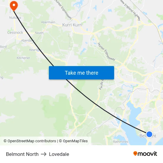 Belmont North to Lovedale map