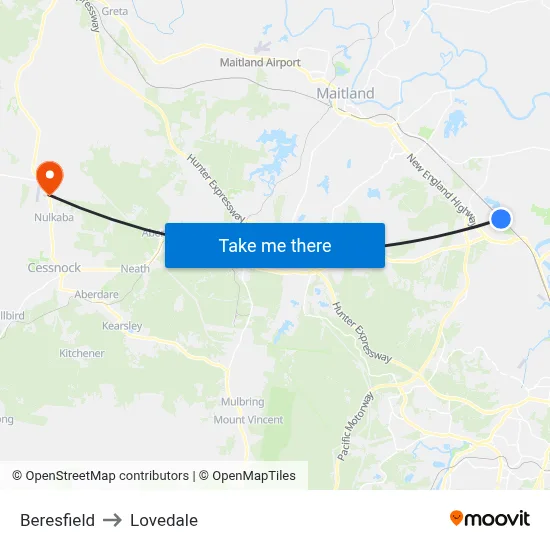 Beresfield to Lovedale map