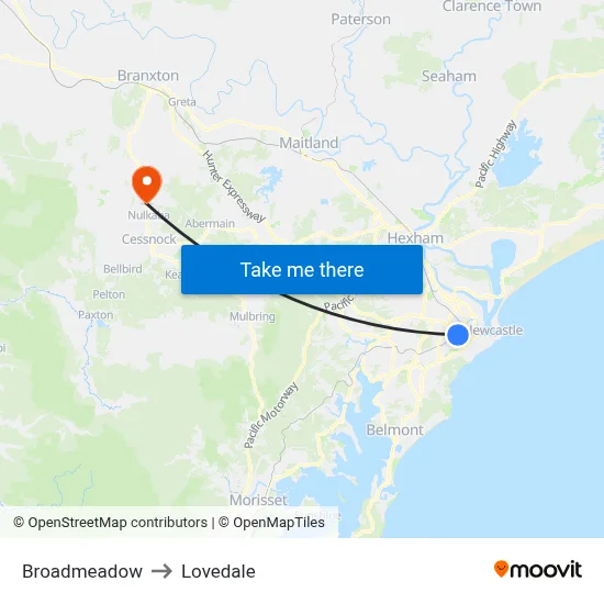 Broadmeadow to Lovedale map