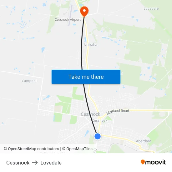 Cessnock to Lovedale map
