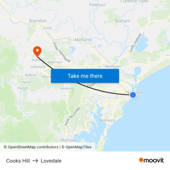 Cooks Hill to Lovedale map