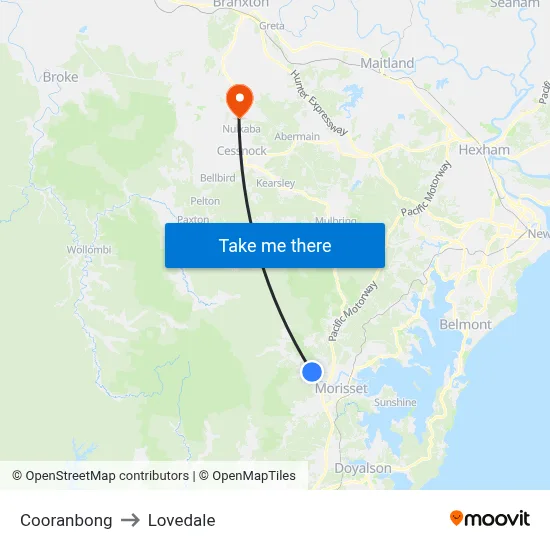 Cooranbong to Lovedale map