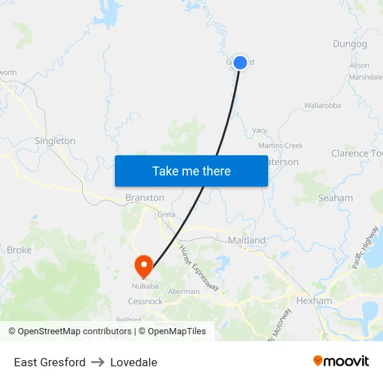 East Gresford to Lovedale map