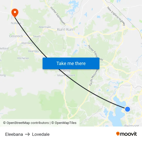 Eleebana to Lovedale map