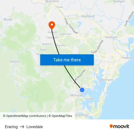 Eraring to Lovedale map