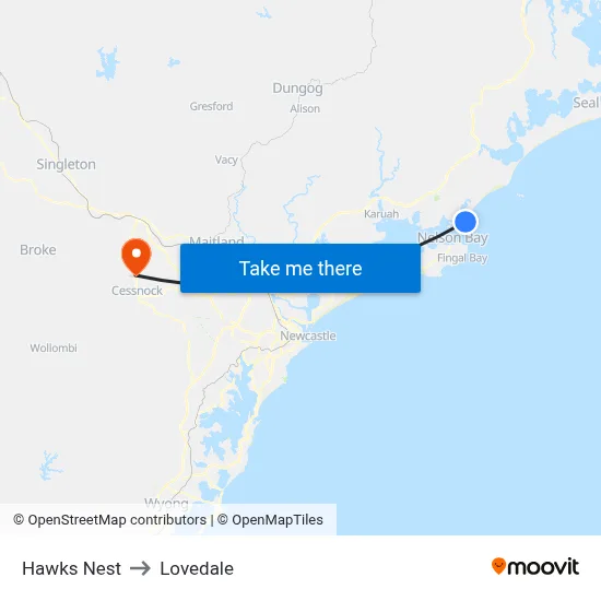 Hawks Nest to Lovedale map