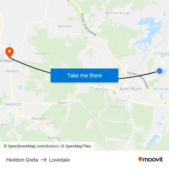 Heddon Greta to Lovedale map
