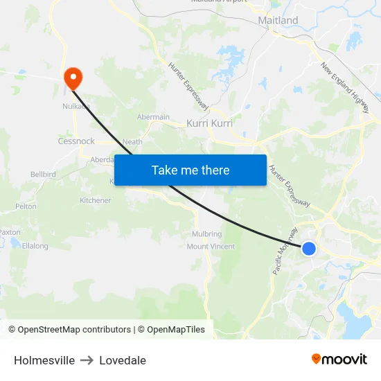 Holmesville to Lovedale map