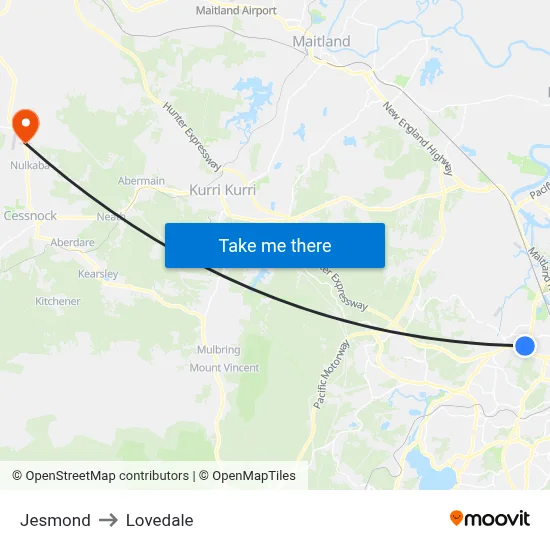 Jesmond to Lovedale map
