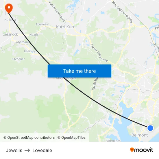 Jewells to Lovedale map