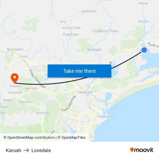 Karuah to Lovedale map