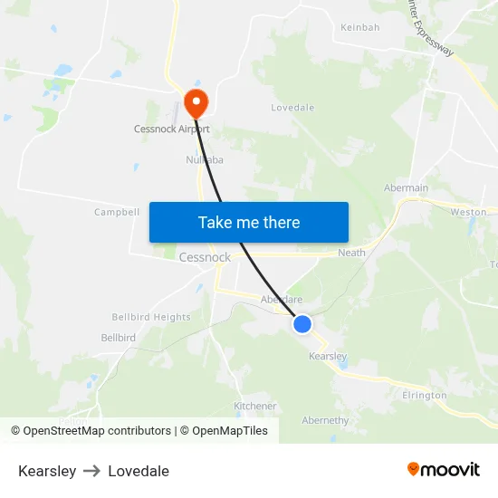 Kearsley to Lovedale map