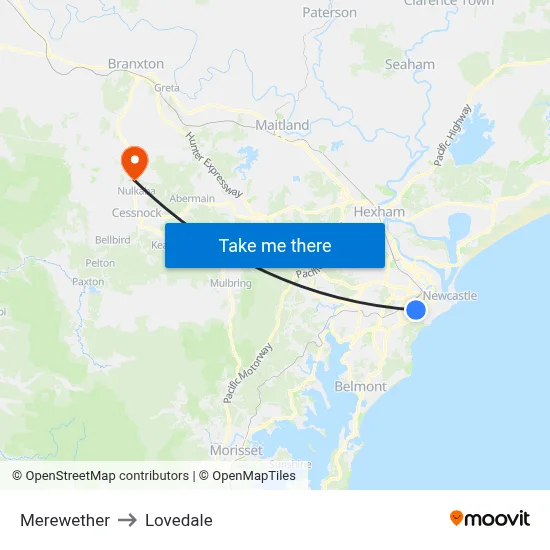 Merewether to Lovedale map