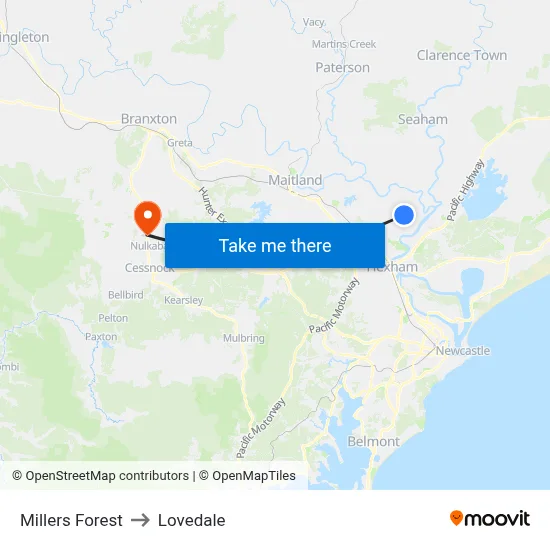 Millers Forest to Lovedale map