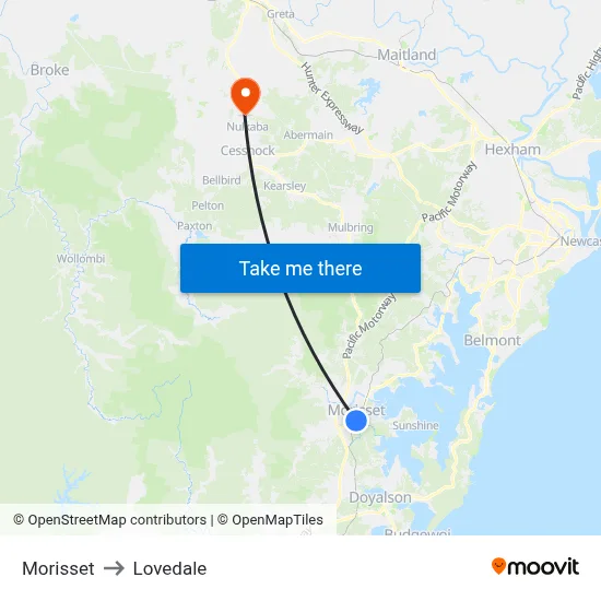Morisset to Lovedale map