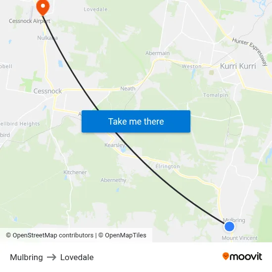 Mulbring to Lovedale map