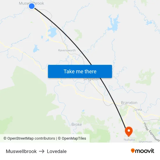 Muswellbrook to Lovedale map
