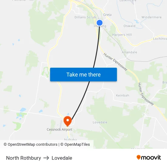North Rothbury to Lovedale map