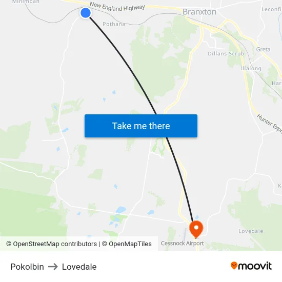 Pokolbin to Lovedale map