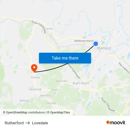 Rutherford to Lovedale map