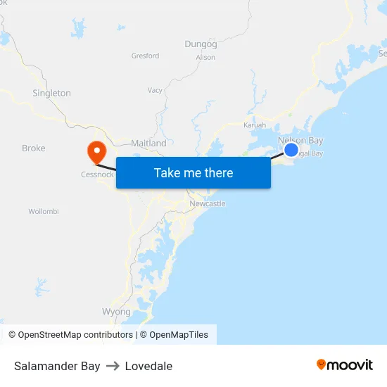 Salamander Bay to Lovedale map