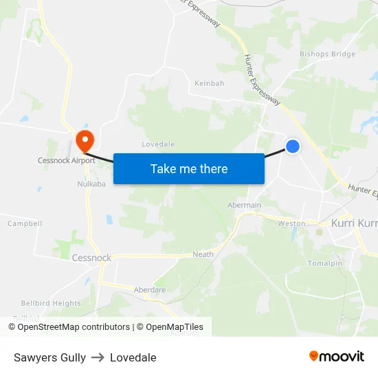 Sawyers Gully to Lovedale map
