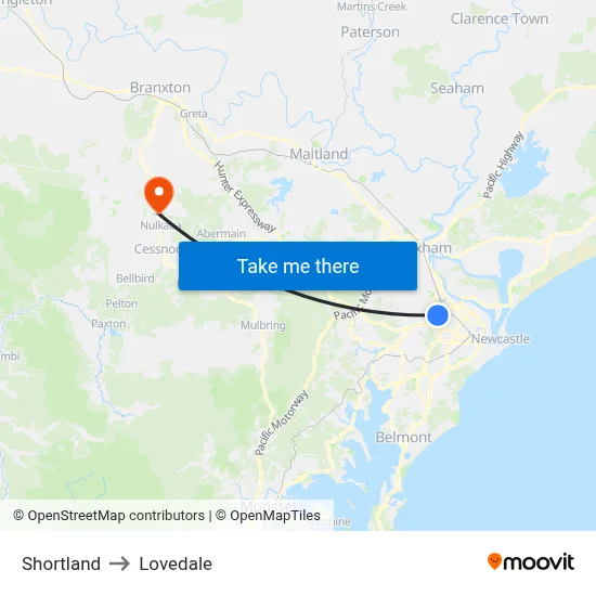 Shortland to Lovedale map
