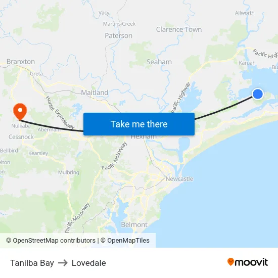 Tanilba Bay to Lovedale map