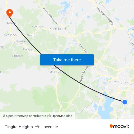 Tingira Heights to Lovedale map