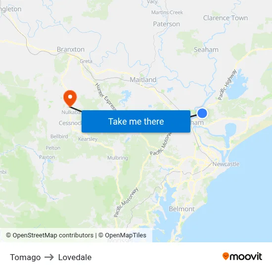 Tomago to Lovedale map