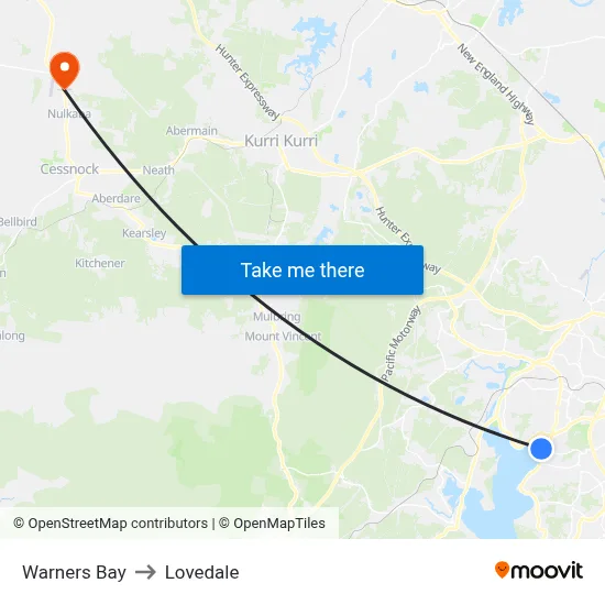 Warners Bay to Lovedale map