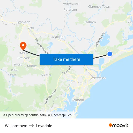 Williamtown to Lovedale map