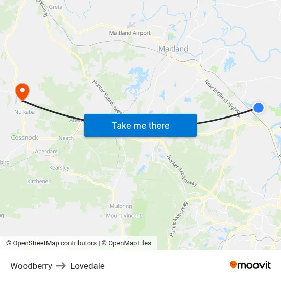 Woodberry to Lovedale map