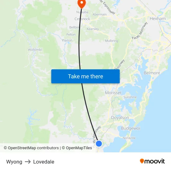 Wyong to Lovedale map