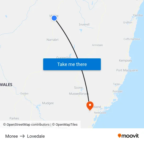 Moree to Lovedale map