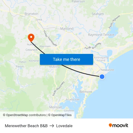 Merewether Beach B&B to Lovedale map