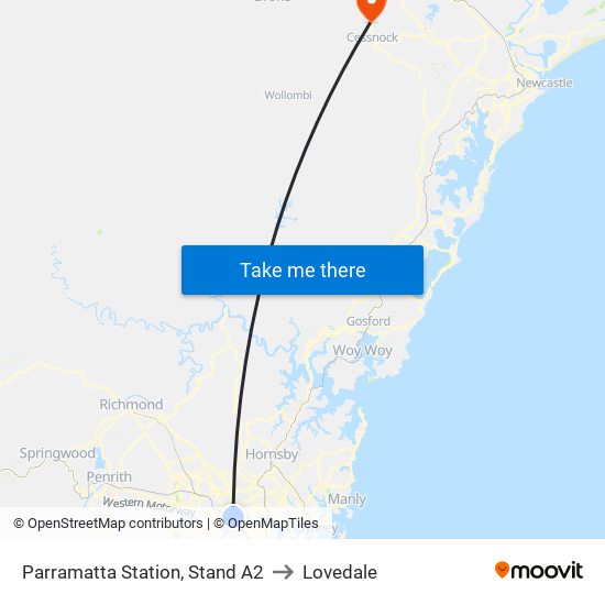 Parramatta Station, Stand A2 to Lovedale map