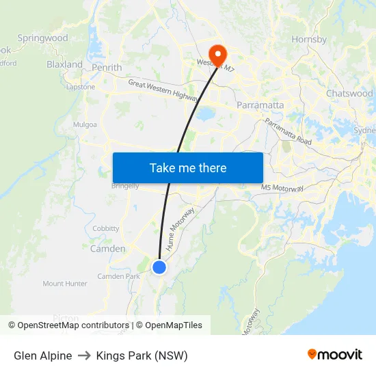 Glen Alpine to Kings Park (NSW) map