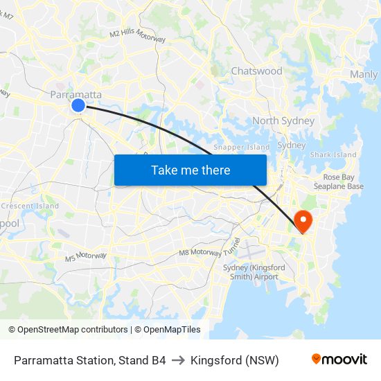 Parramatta Station, Stand B4 to Kingsford (NSW) map