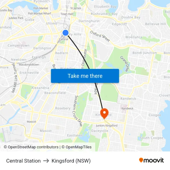 Central Station to Kingsford (NSW) map