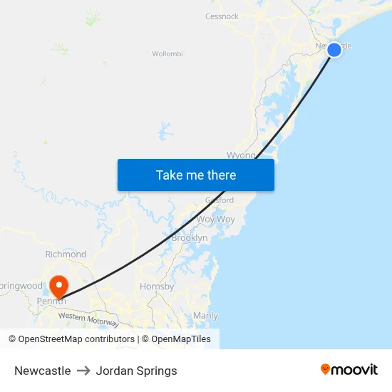 Newcastle to Jordan Springs map