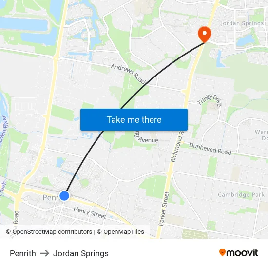 Penrith to Jordan Springs map
