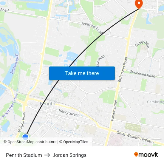Penrith Stadium to Jordan Springs map