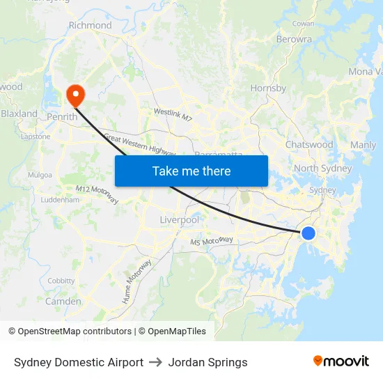 Sydney Domestic Airport to Jordan Springs map