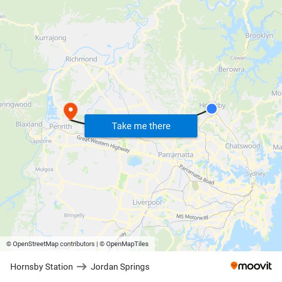 Hornsby Station to Jordan Springs map