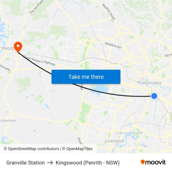 Granville Station to Kingswood (Penrith - NSW) map