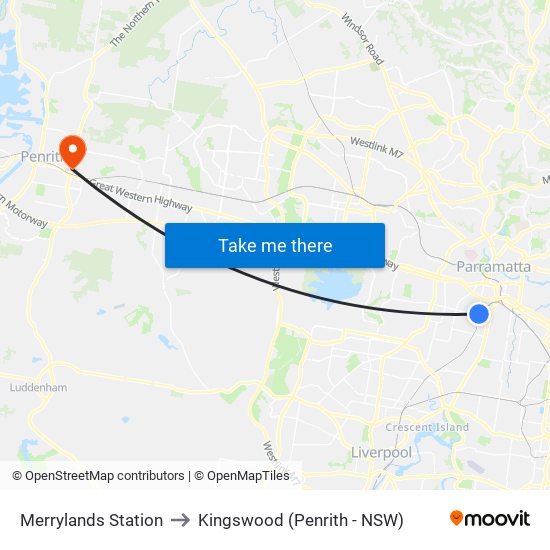 Merrylands Station to Kingswood (Penrith - NSW) map