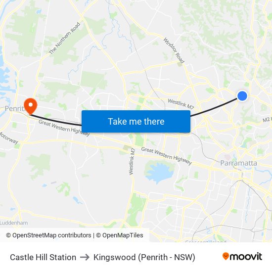 Castle Hill Station to Kingswood (Penrith - NSW) map