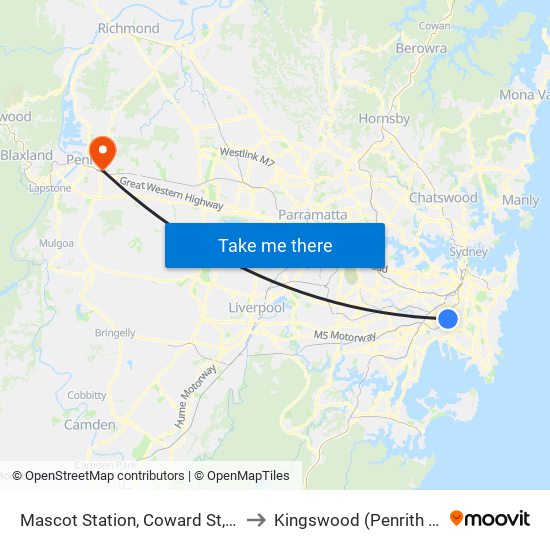 Mascot Station, Coward St, Stand A to Kingswood (Penrith - NSW) map