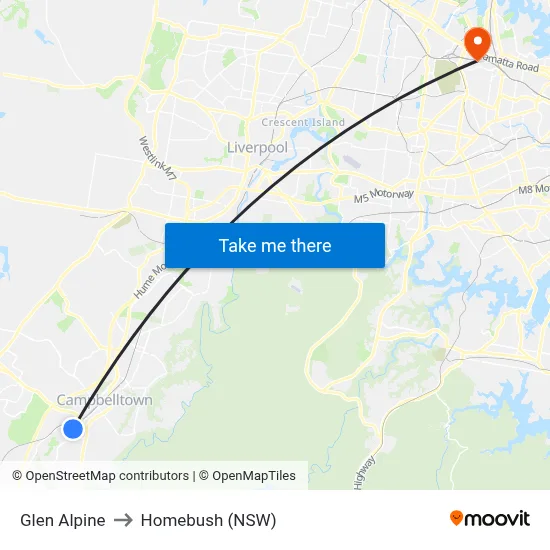 Glen Alpine to Homebush (NSW) map